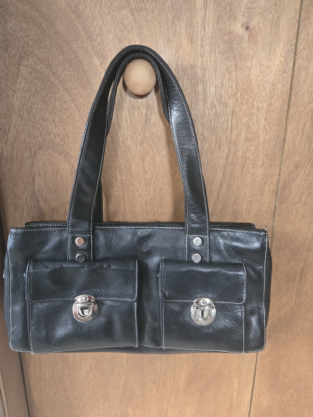 PERLINA NEW YORK Black Leather Shoulder Bag with Dual Front Pockets